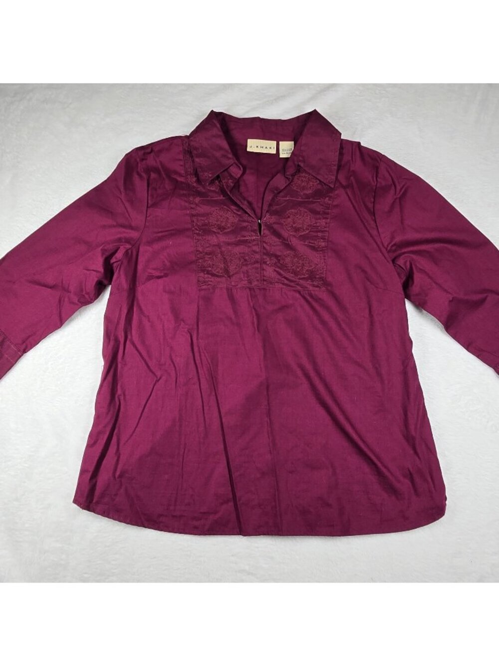 J. Kkaki Fushia Embroidered Collared V Neck 3/4 Sleeve Blouse Women's Size Large